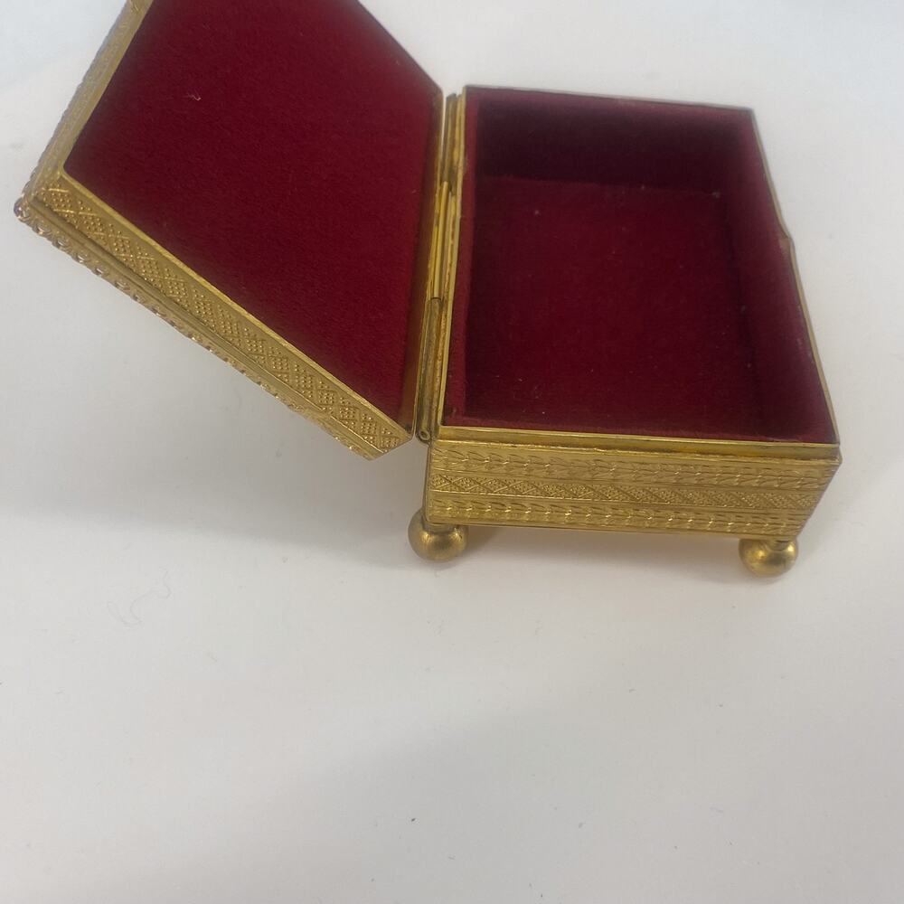 Vintage Austria Jeweled Trinket Box Gold Tone Etched Red Velvet Lined - Picture 12 of 16